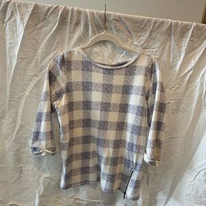 J. Jill Cream and Blue Plaid Long Sleeve Top with Side Zip